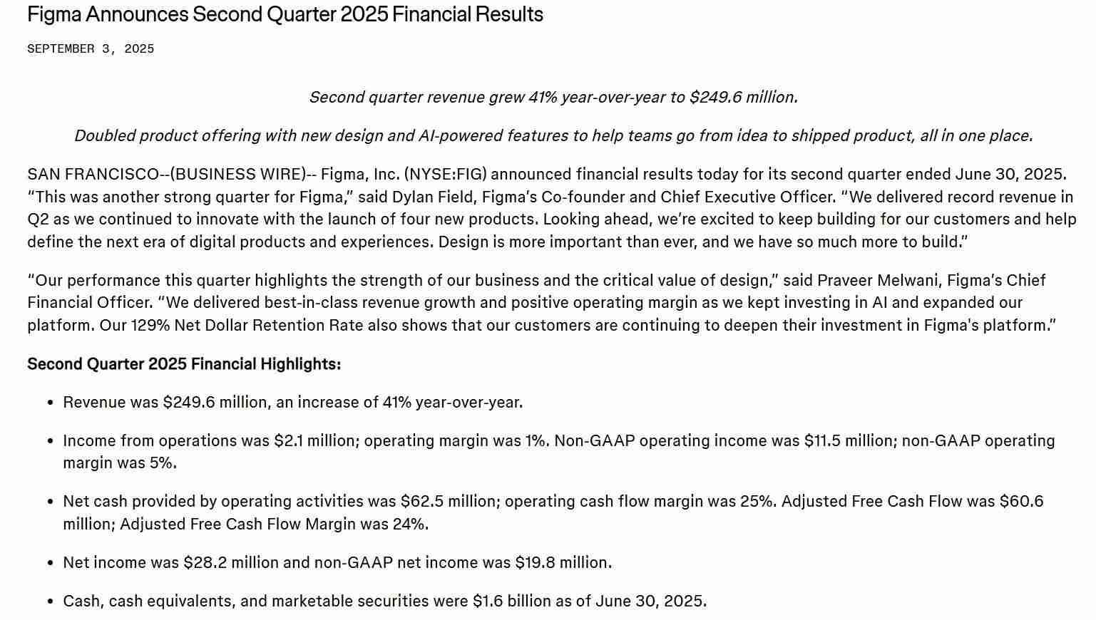 Figma Q2营收强劲，调整后净利润略低于预期，盘后股价跌超14%