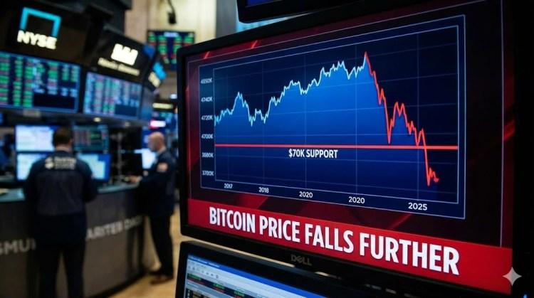 比特币价格进一步下跌，7万美元支撑位附近风险加剧。